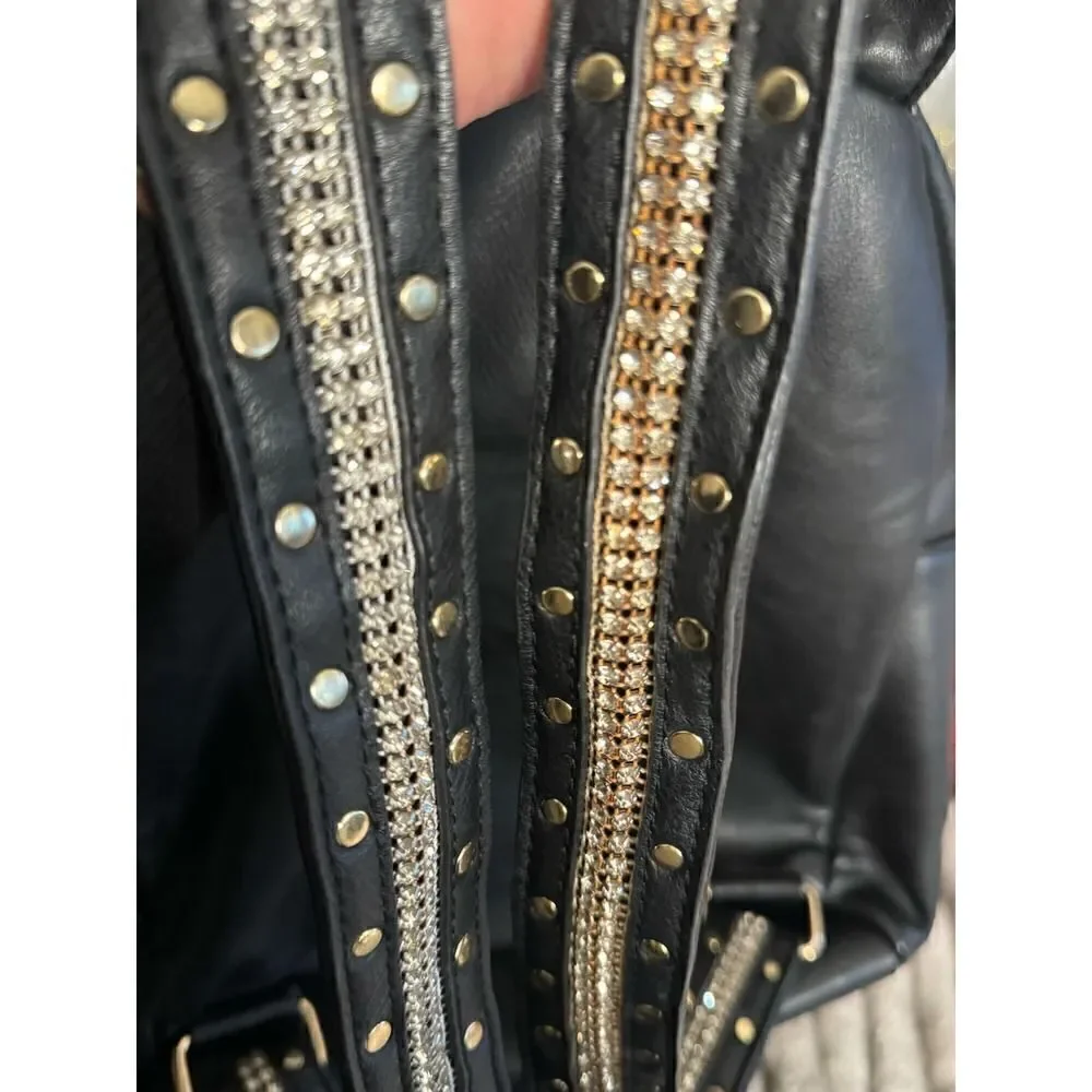 Rhinestone strap rivet studded black vegan leather backpack